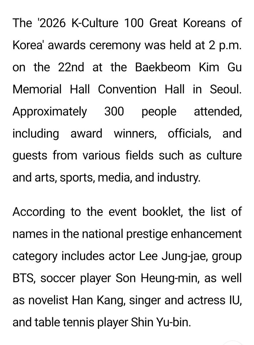 shadow_twts's tweet photo. . @BTS_twt was selected as one of the Winners of the "2026 K-Culture 100 Great Koreans of Korea" in the National Prestige Enhancement Category.

They were the only Musical Group selected.

#ARIASBTS https://t.co/iVD2Ep8f98