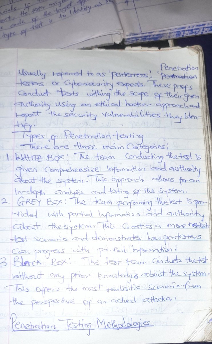 Obi_adiromma's tweet photo. Last year I learnt Type of penetration testing: 
• White box
• Grey box
• Black box

This year I am seeing 
• Unknown environment test
• Known environment test
• Partially Known environment test

I already have 5 filled notes plus.
My notion is in disarray 😅 https://t.co/gpwYKw1P3N