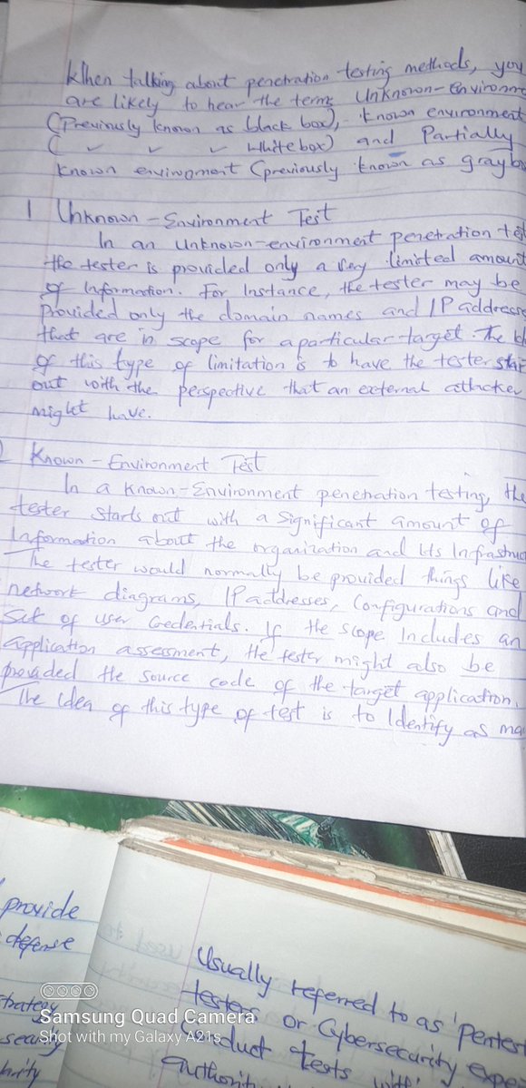 Obi_adiromma's tweet photo. Last year I learnt Type of penetration testing: 
• White box
• Grey box
• Black box

This year I am seeing 
• Unknown environment test
• Known environment test
• Partially Known environment test

I already have 5 filled notes plus.
My notion is in disarray 😅 https://t.co/gpwYKw1P3N