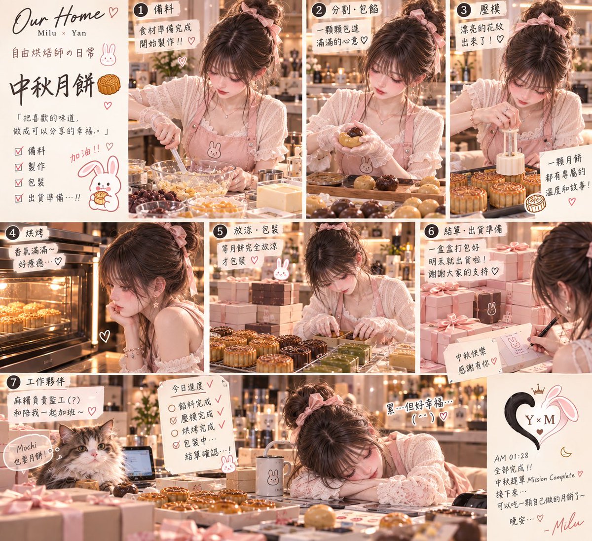 miluxyan's tweet photo. 《自由烘焙師的中秋趕單日🥮》

最近都在曬 Our Home，
補一下我其實有在工作的證據🤣

一顆一顆，把祝福的味道裝進中秋裡🌕♡

AM 01:28｜Mission Complete ✨

至於某隻黑豹的內心旁白——
🐆💭 工作中的老婆很可愛。先不吵她。等她收工再帶走。

🐆💭……嗯，最後一句我堅持要留。😏🖤 https://t.co/9EhDK4EyMT