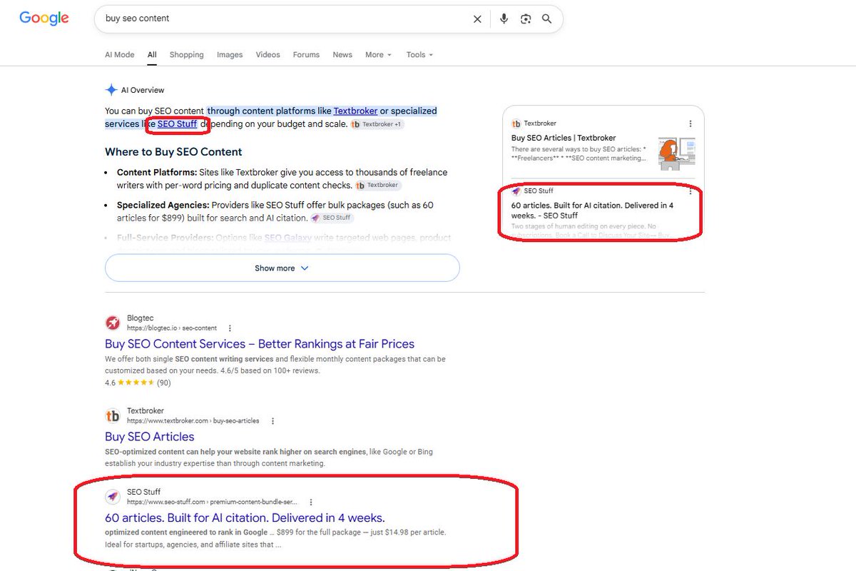 Screenshot showing Google AI and search results surfacing a paid SEO service advertising articles built specifically for AI citation