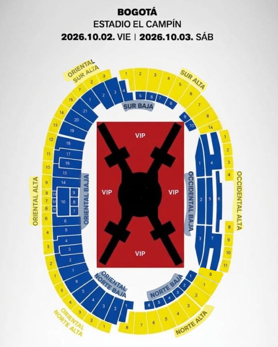 ARMYBogotaCol's tweet photo. ¡7 DÍAS! 💜🇨🇴

¡Faltan solo 7 días para ver a BTS en El Campín! Y hoy queremos recordarles cómo vamos a llenar el estadio de color durante “Come Over”. 📱✨

Cada localidad tendrá un color:

💛 Zonas altas: amarillo (💛Excepción Occidental Baja – sección 8: amarillo)
💙 Zonas bajas: azul
🔴 VIP: rojo

Durante la canción, encenderemos los flashes de nuestros celulares con el color correspondiente a nuestra localidad para crear juntos este momento desde las tribunas. 💜

Los stickers se procurarán entregar junto con los banners el día del concierto. Si no alcanzan a recibir uno, también pueden participar usando papel celofán o mostrando en su celular una imagen del color que les corresponde.

📱 Revisa tu localidad, prepara tu color y sé parte del proyecto.

¡7 días, ARMY! Ya casi estamos ahí. 🇨🇴💜