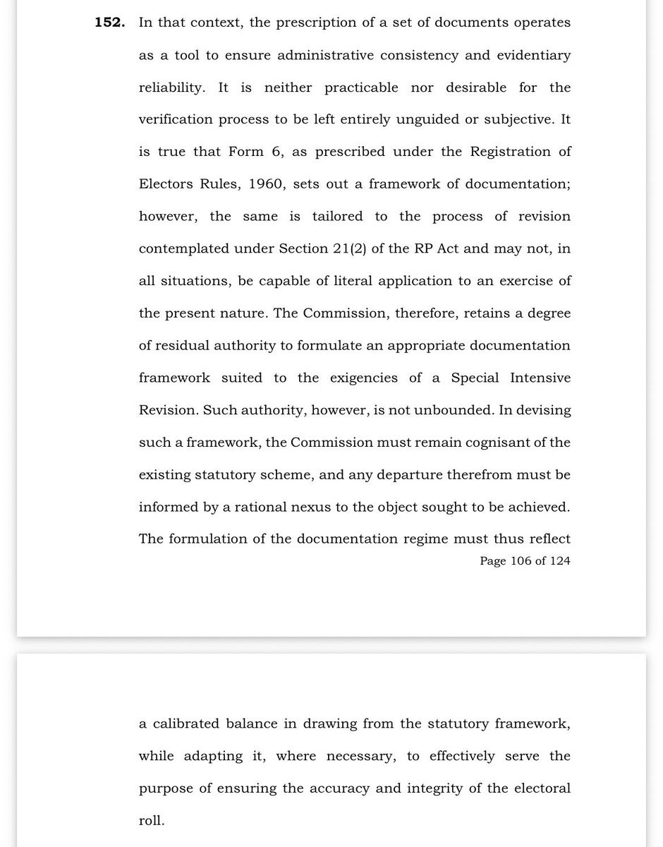 desishitposterr's tweet photo. Before manufacturing a scandal around Form 6, read the Supreme Court’s May 27th judgment, 2026. Para 152: Form 6 need not be literally applied to SIR. ECI sets the documentation framework. 

Para 161: that framework is neither arbitrary nor violative. 

And then Para 186, the SIR is within ECI’s powers, satisfies proportionality, and serves a ‘legitimate and constitutionally grounded purpose.’

So what exactly is the scandal?