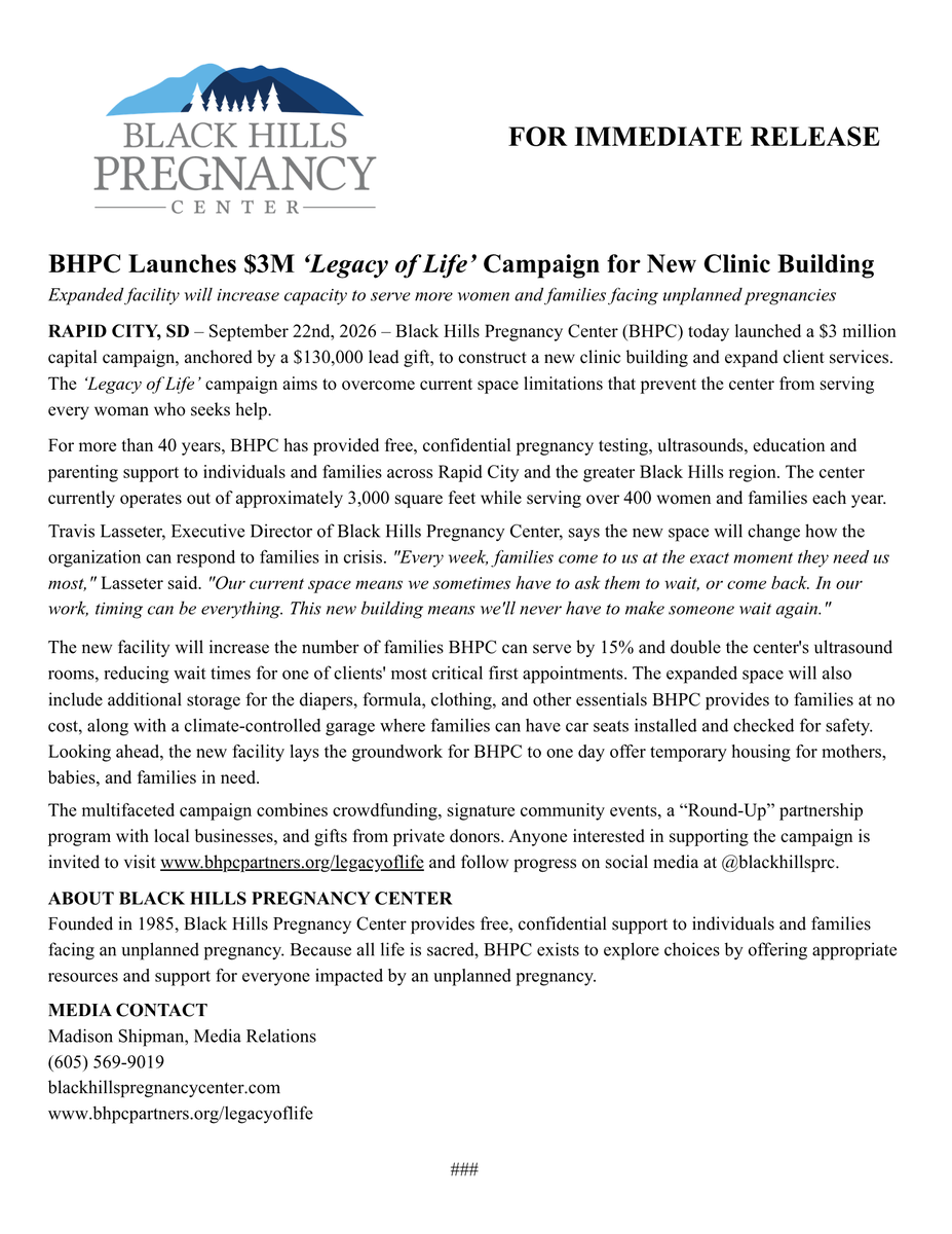 blackhillsprc's tweet photo. 📰 PRESS RELEASE: Black Hills Pregnancy Center launches $3M "Legacy of Life" capital campaign to build a new facility for the families we've served for 40+ years. Full release below. For media inquires, email blackhillspregnancycenter@gmail.com https://t.co/Ffe2VedcvK https://t.co/8WmR4RHX2u