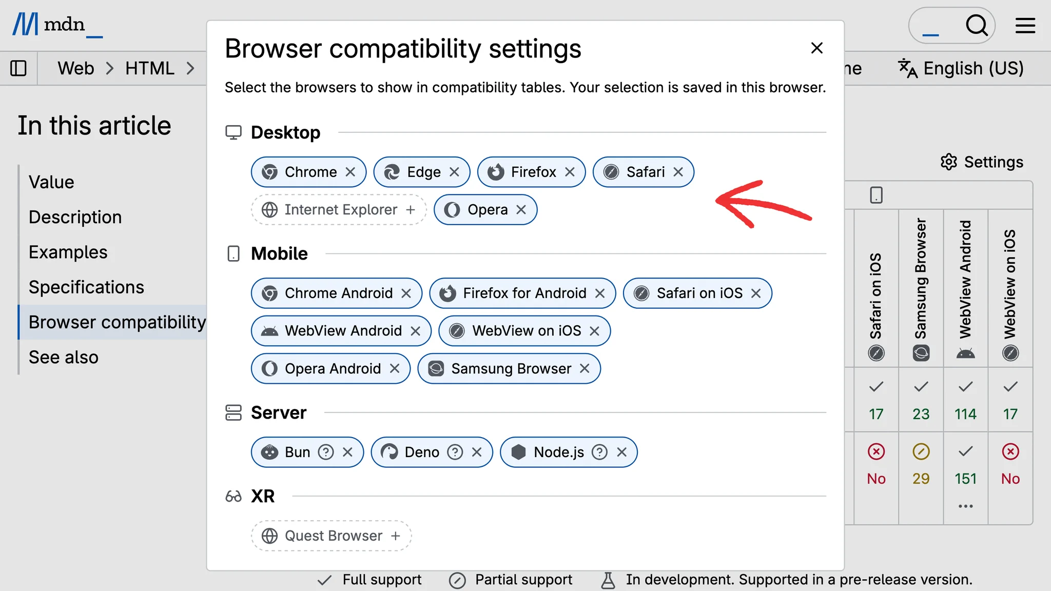The Browser compatibility settings dialog on MDN. Browsers appear as chips grouped under Desktop, Mobile, Server and XR, and each one can be added to or removed from the table.