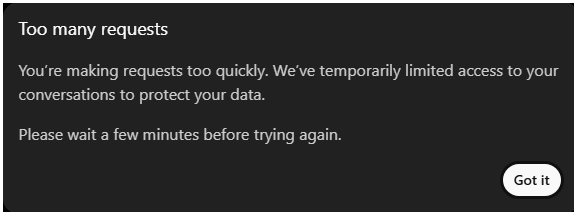 TheHassanEffect's tweet photo. Has this ever happened to anyone else in GPT Web?

This is the first time I ever saw this pop up and I only had two requests going at once. On 20x Pro.

@OpenAI @OpenAIDevs https://t.co/Fw4zQ7qipi