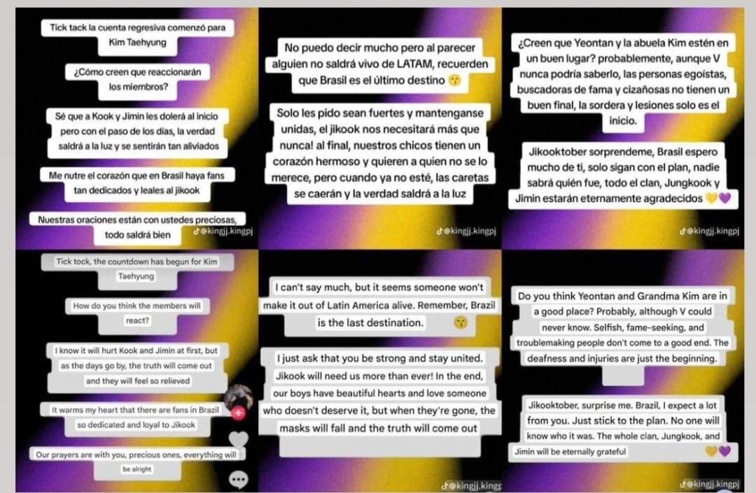 BTSarg_official's tweet photo. 🚨 DIFUNDIR Y REPORTAR URGENTE: PRIORIDAD ABSOLUTA PARA ARMY ⚠️

AMENAZA REAL a la integridad de Kim Taehyung.

La cuenta @kingji.kingpj en TikTok publicó amenazas directas con cuenta regresiva, mencionando a Brasil como "último destino" y afirmando que "alguien no saldrá vivo https://t.co/Wd1mbi956q
