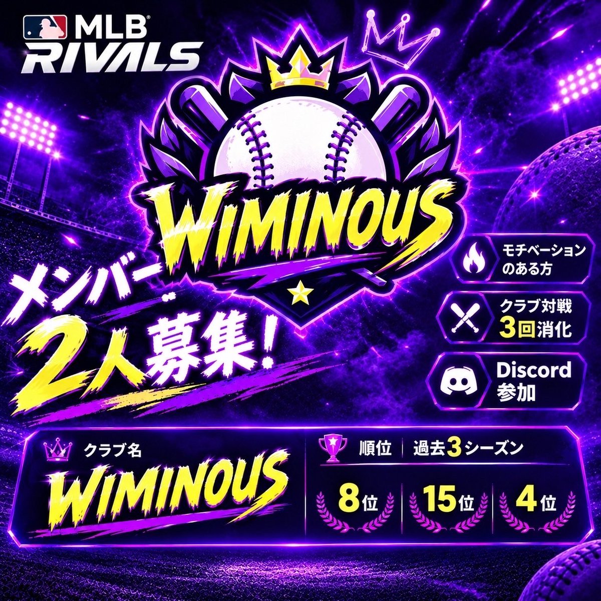 yuchi_mlb's tweet photo. メンバー【2名】募集します！

クラブ対戦を一丸となって戦いたい方、LIVEマッチが上手くなりたい方🔥

クラブ内で高め合いながら上を目指していける環境です！
お力をお貸しください🙇

DMお待ちしております✉️

#MLBRIVALS
#MLBライバルズ https://t.co/P0VzZrIXSA