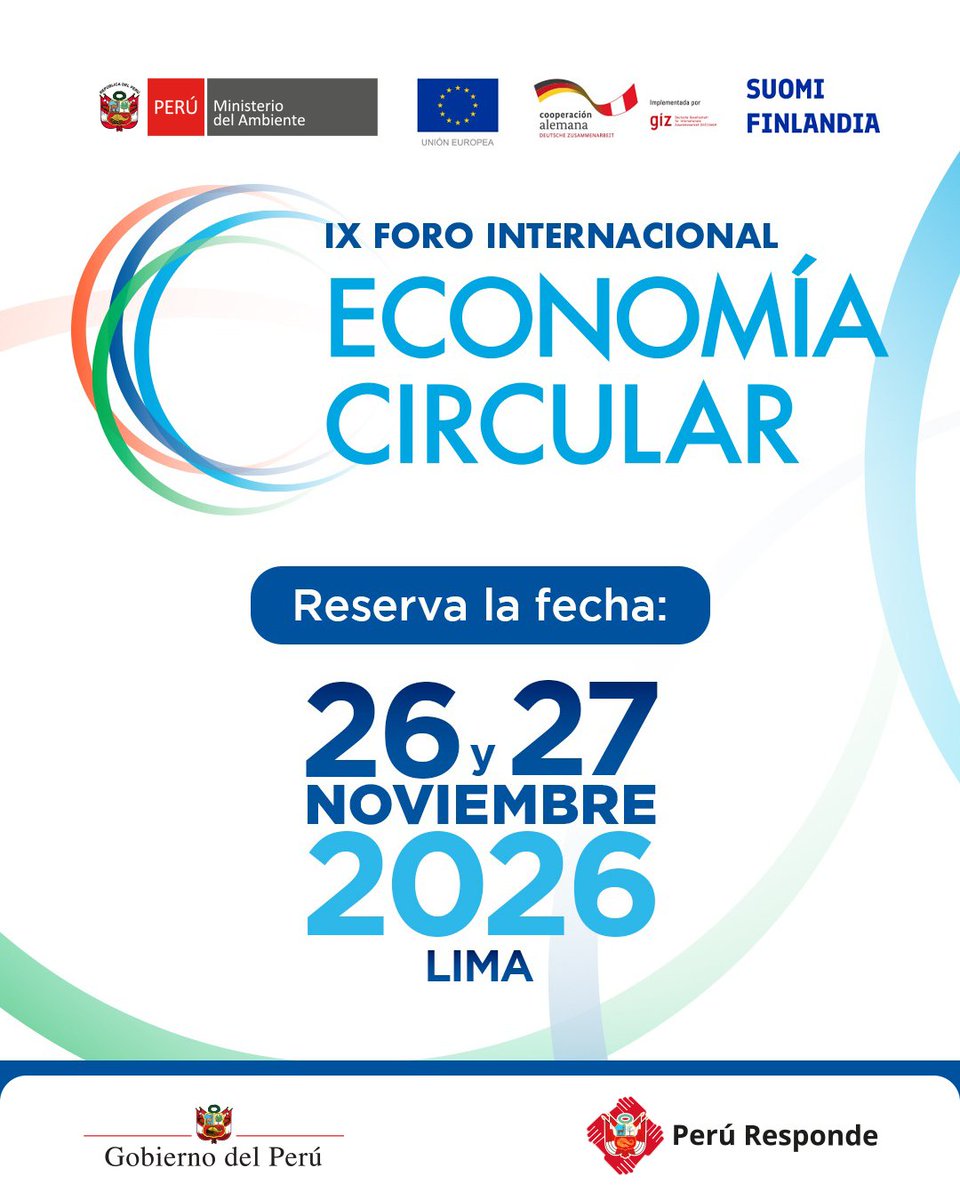 MinamPeru's tweet photo. #IXFIEC | ¡El evento más importante de #EconomíaCircular en el Perú ya tiene fecha! 🌎
📅 Este 26 y 27 de noviembre se realizará el IX Foro Internacional de Economía Circular (IX FIEC).
Desde su creación en 2018, el FIEC se ha consolidado como un espacio estratégico y técnico que articula al sector público, sector privado, academia y cooperación internacional para impulsar la transición hacia una economía más circular y competitiva en el Perú.
En esta novena edición se destacará el papel de las inversiones sostenibles, la innovación y el financiamiento para transformar los modelos de negocio, fortalecer la competitividad y consolidar la economía circular en el Perú.
🗓️ Reserva la fecha. Muy pronto compartiremos más información sobre el programa y las actividades del #IXFIEC.
¡Nos vemos en noviembre! 🌱♻️
@UEenPeru | @EmbFinLima | #GIZConoSur | #EmbajadaAlemanaLima