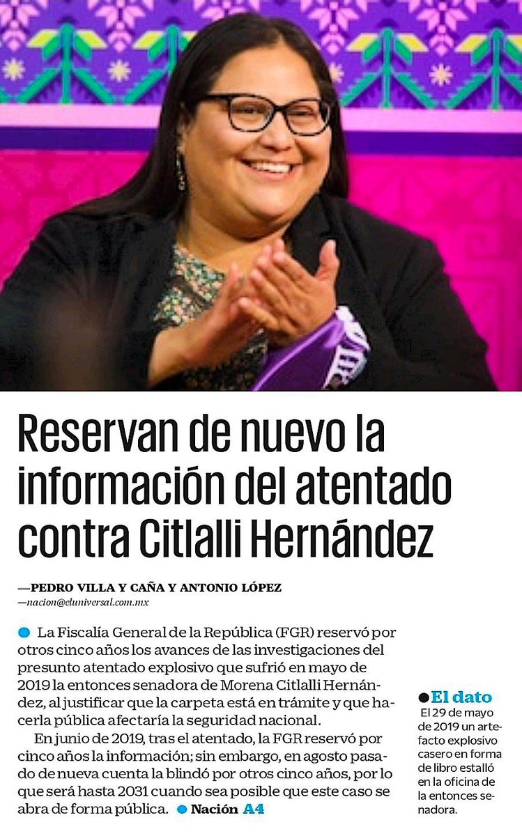 Melissa_Bely's tweet photo. ¿Como ven? 

Reservan OTRA VEZ por 5 años la información del supuesto atentado por una bomba contra Citlalli Hernández...
¡ en el 2019 !

Según por "motivos de seguridad nacional"

Hasta el año 2031 se podrá saber que pasó en realidad.

👇 https://t.co/8PDyKcM8hm