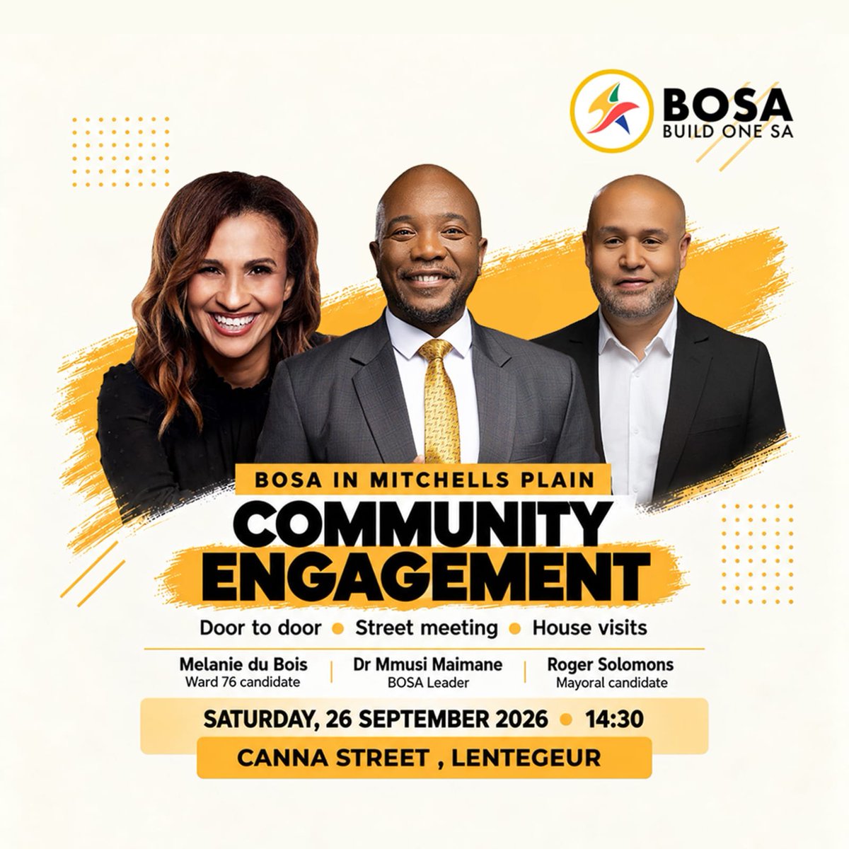 BuildOneSA's tweet photo. Join BOSA leader and MP, Dr. Mmusi Maimane, Cape Town Mayoral candidate Roger Solomons, and Ward 76 candidate Melanie du Bois. We want to hear from you.
#TheNextChapter #BuildCPT https://t.co/ZtgmjubeT3