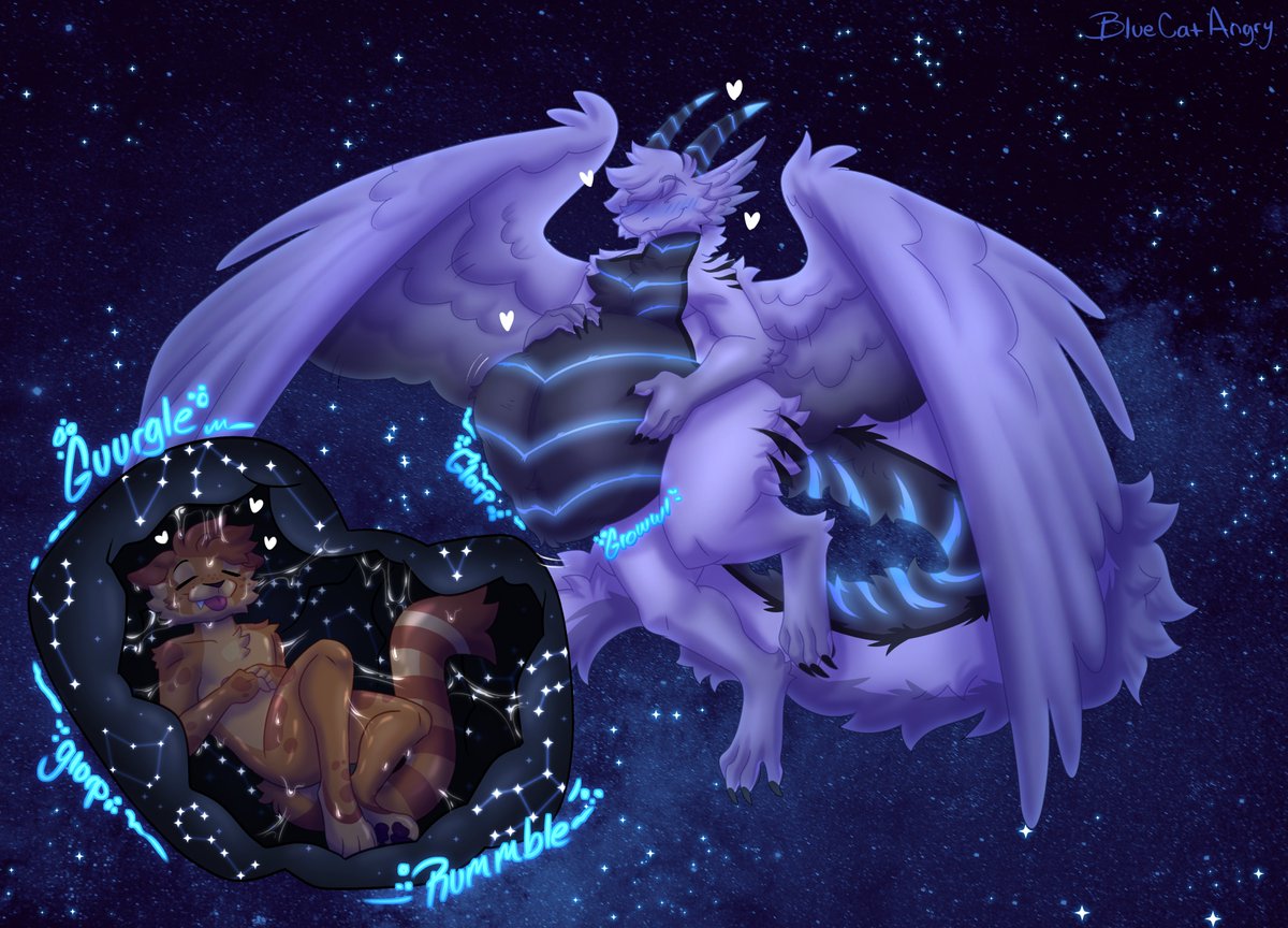 BlueCatAngry's tweet photo. Commission for @WhiteDragonEko 

Ben only allows two people to eat him. And one of em snatched him up in their squishy, soft tum! And boy is it cozy and relaxing. https://t.co/tW1fZbN1bp
