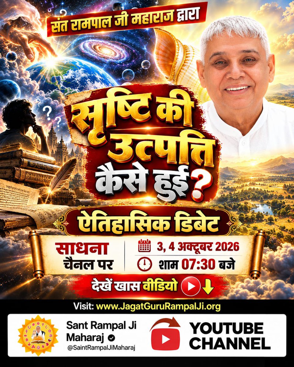 Sumran22132736's tweet photo. #OpenChallengeBy_SantRampalJi
सृष्टि की उत्पत्ति कैसे हुई?
देखें खास वीडियो "शास्त्रार्थ का शंखनाद" Sant Rampal Ji Maharaj YouTube Channel पर।
शास्त्रार्थ का शंखनाद https://t.co/wNXFLKjWLE
