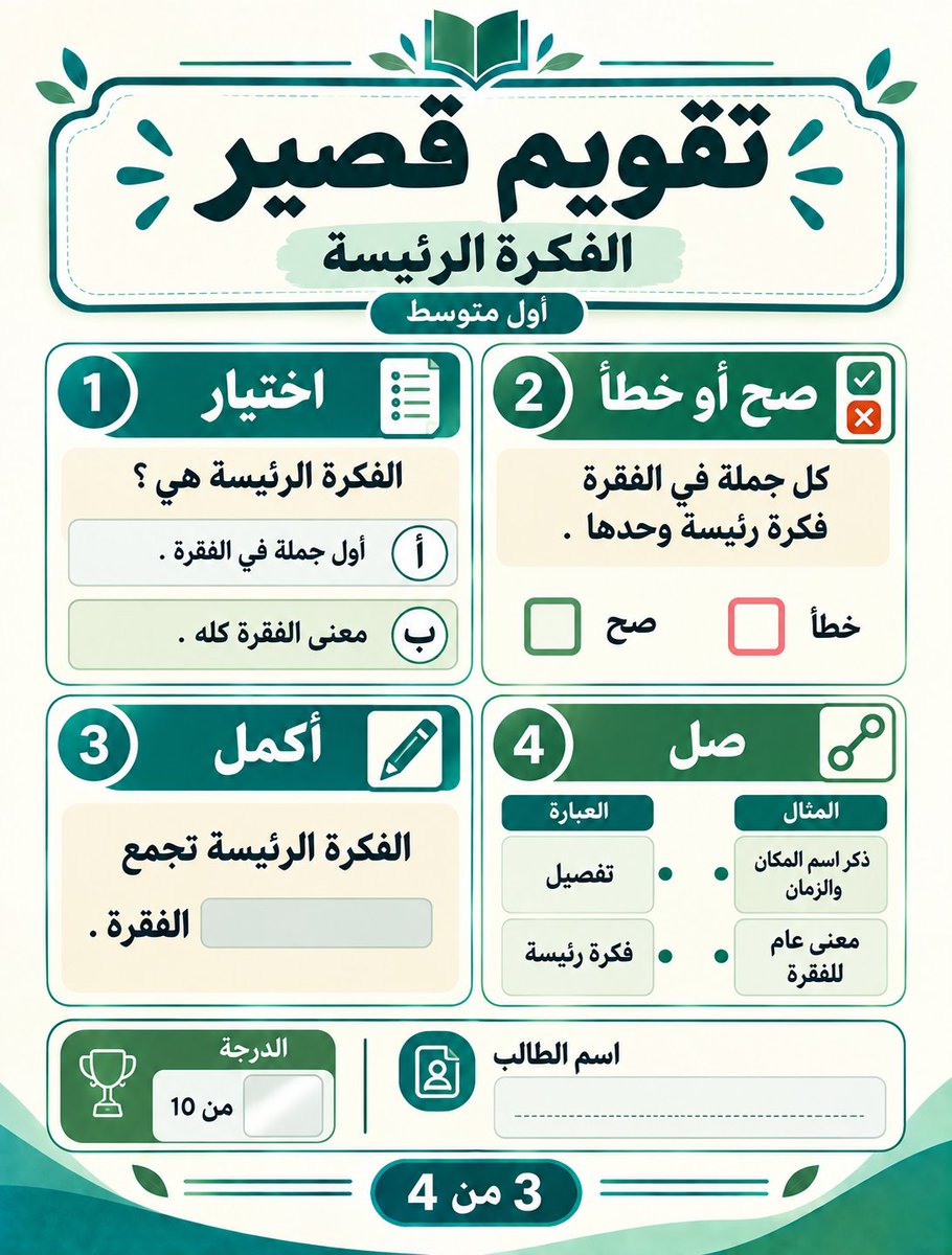 AI_News_AR's tweet photo. ورقة العمل إذا طالت
ما تصححها
وإذا قصرت زيادة
ما تعرف مين فهم
الورقة اللي تنفع بعد الإجازة
أربعة أنواع أسئلة
من نفس الدرس
اختيار
صح وخطأ
أكمل
صل
ترفع صفحة الكتاب
تطبع
تصحح بسرعة👇👇

صمم ورقة تقويم قصيرة صفحة واحدة
من صفحة الدرس المرفقة فقط
إذا جزء ما انقرأ اكتب غير واضح
لا تخرج عن الصفحة
لا تضع شعار وزارة
لا تضع اسم حساب

المادة
[ ]
الصف
[ ]
هدف الدرس
[ ]

أربعة أقسام فقط
1 سؤالان اختيار من متعدد
2 عبارتان صح أو خطأ
3 فراغان يكملهما الطالب من كلمات الصفحة
4 وصل ثلاث عناصر بثلاث معان

أسفل الصفحة
اسم الطالب
الدرجة من 10
خانة المعلم
يكمل أو يراجع

خط عربي كبير
تركواز وأخضر
يصلح للطباعة

#ورقة_عمل #المعلم