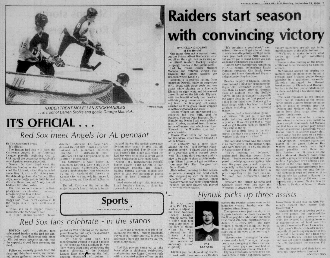 WHL_History's tweet photo. On this day in 1986

Mike Modano had three goals and an assist, while Pat Elynuik dished out a trio of helpers to lead the Prince Albert Raiders to an 8-2 home win over the Brandon Wheat Kings

Chad Silver scored both goals for the visitors https://t.co/Go2cpB9YYY