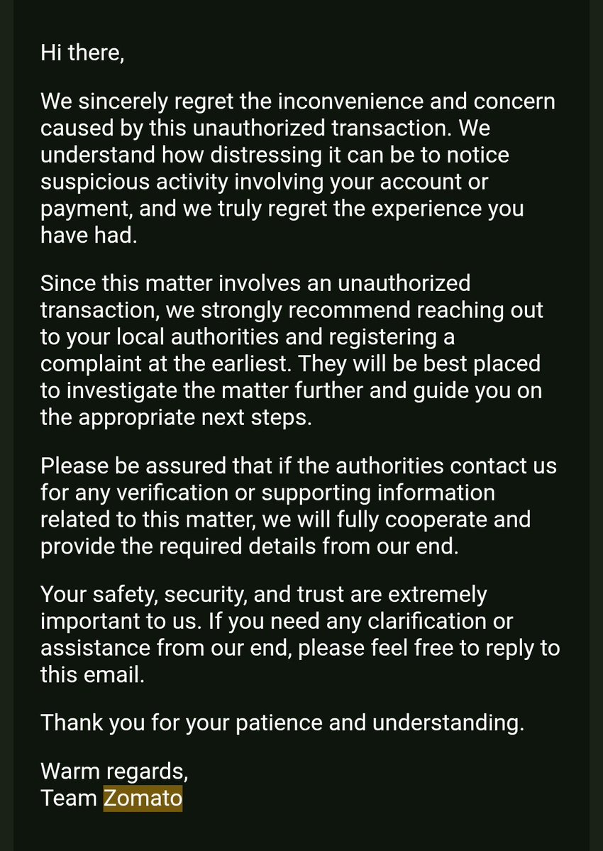 anxiousindian's tweet photo. @zomatocare @Mk3857943678174 #BanZomato Zomato is an organisation who doesn't care about their security failures. Your wallet, card or UPI information is not safe. Please do not use this platform or else you'll face end up getting the below response. https://t.co/1fjAItE9aQ