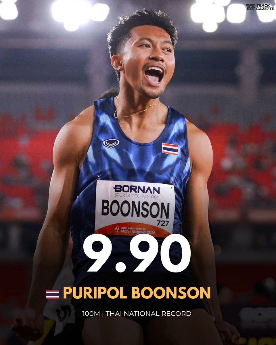 TrackGazette's tweet photo. 9.90s!!🤯🔥
NATIONAL RECORD ☑️
2nd fastest Asian all-time ☑️

Puripol Boonson 🇹🇭 powered to a PB and Games Record of 9.90s (+0.1) to win GOLD in the men's 100m at the Asian Games!

He went:

Heats - 9.95
Semifinal - 9.91
Final -  9.90

He beat Omani duo Ali Al Balushi 🇴🇲, who took Silver in 10.04s, and Malham Al Balushi 🇴🇲, who won Bronze in 10.11s.
