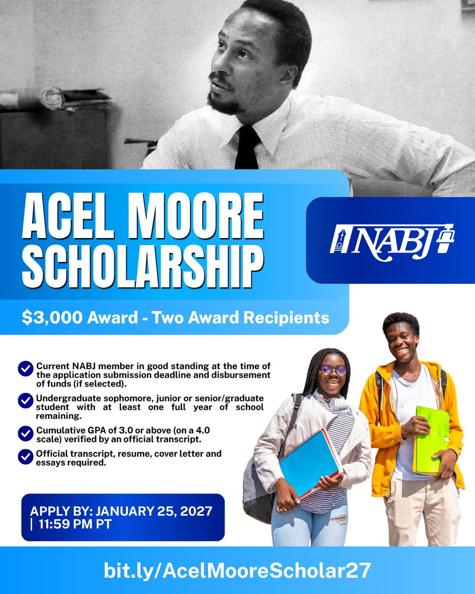 NABJ's tweet photo. Known for his commitment to everyday people, Acel Moore dedicated his career to amplifying voices often overlooked by mainstream press. The Acel Moore Scholarship carries this legacy forward by awarding $3,000 each to two recipients.
Apply Here: https://t.co/qB1d6xwjkc https://t.co/gy9Mt3aTfa