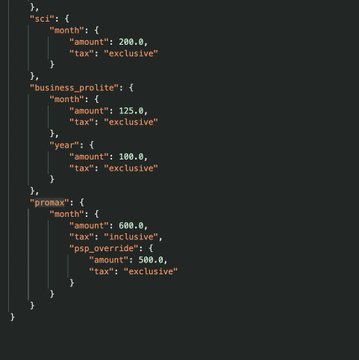 Frontend config snippet showing promax monthly pricing values including a 500.0 override