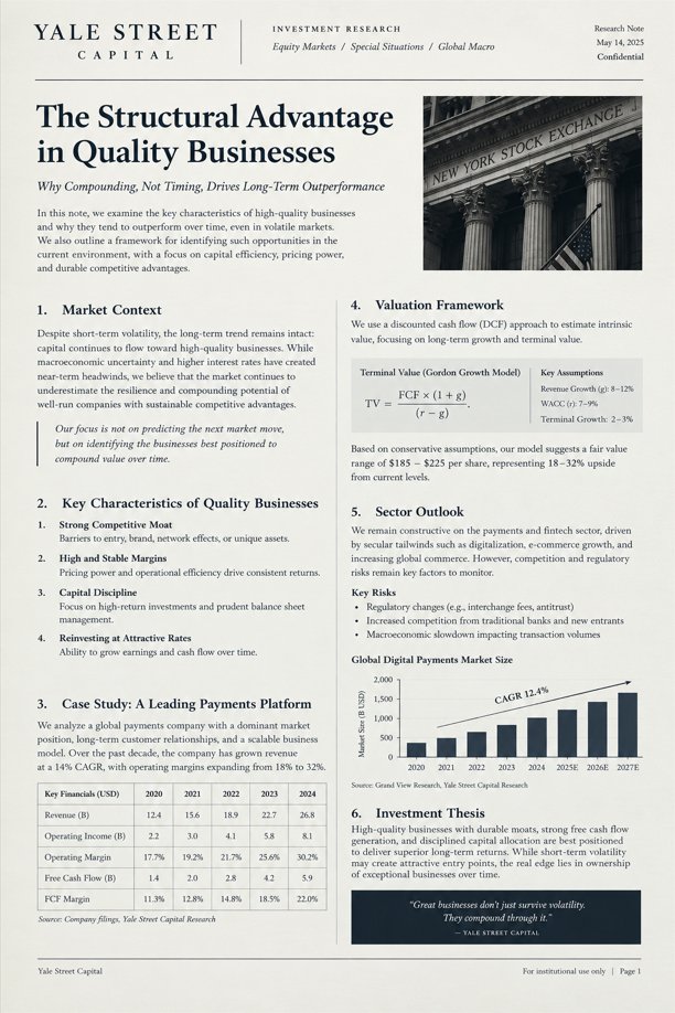 Dorianxxbt's tweet photo. Three break-ins at Yale's research offices. Security footage destroyed. The only thing missing each time: this exact 14-page document.

Brian Tracy. Carl Icahn. Peter Lynch. They all had it. They never talked about it publicly. Now you have it too.

"The Structural Advantage in Quality Businesses." Marked Confidential. The framework behind every business empire built in the last decade - and the reason the people who had it paid $50,000 a year in subscription fees to keep everyone else out.

It just surfaced. Here's why they fought so hard to keep it buried.

Four characteristics. Every business that compounded 15%+ annually for a decade has all four. Competitive moat. Stable margins. Capital discipline. Reinvestment at attractive rates. Knowing which businesses actually have all four - and which ones just pretend to - is worth hundreds of millions.

The case study inside proves it. A payments platform. 2020 to 2024. Revenue: $12.4B to $26.8B. Operating margins: 18% to 30.2%. Free cash flow: $1.4B to $5.9B. FCF margin nearly doubled in four years.

The valuation model puts fair value at $185-$225 per share. 18-32% upside from current levels. Global digital payments growing at 12.4% CAGR to $2 trillion by 2027.

The people who had this document didn't time the market. They owned the right businesses and waited. That's the entire secret Brian Tracy built his philosophy around - and never put in writing.

Until this document did.

Watch the moment [Table: Key Financials 2020-2024]

FCF margin: 11.3% in 2020. 22.0% in 2024.

Revenue doubled. Cash flow grew 4x. The business compounded itself.

The document three people tried to steal - now public.

Yale Street Capital - Confidential Research Note
May 14, 2025 - leaked from institutional archive

bookmark this
