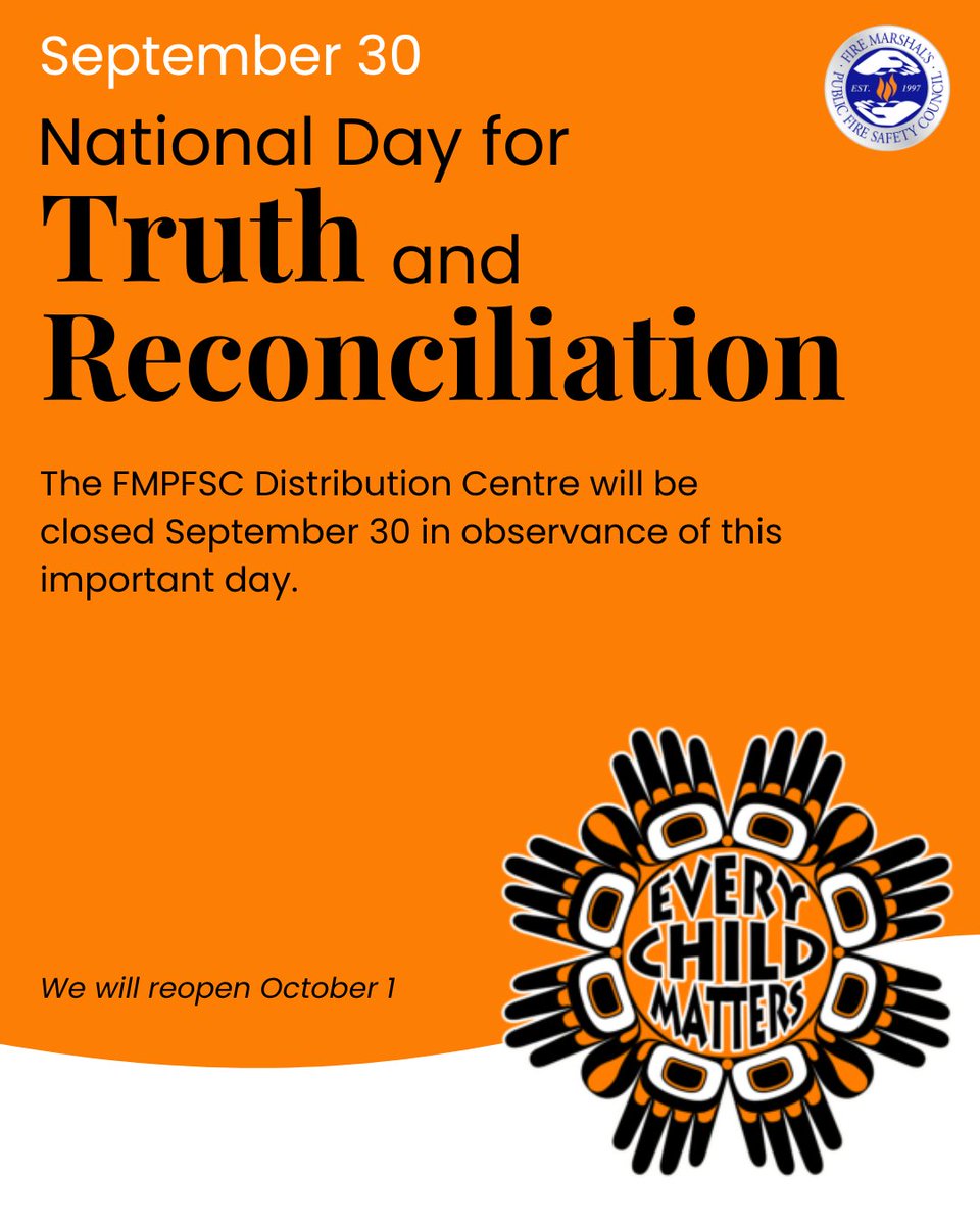 FMPFSC's tweet photo. September 30 is the National Day for Truth and Reconciliation. 🧡 Our Distribution Centre will be closed as we honour and reflect on this important day. We’ll reopen on October 1. https://t.co/t6f22CyUZy