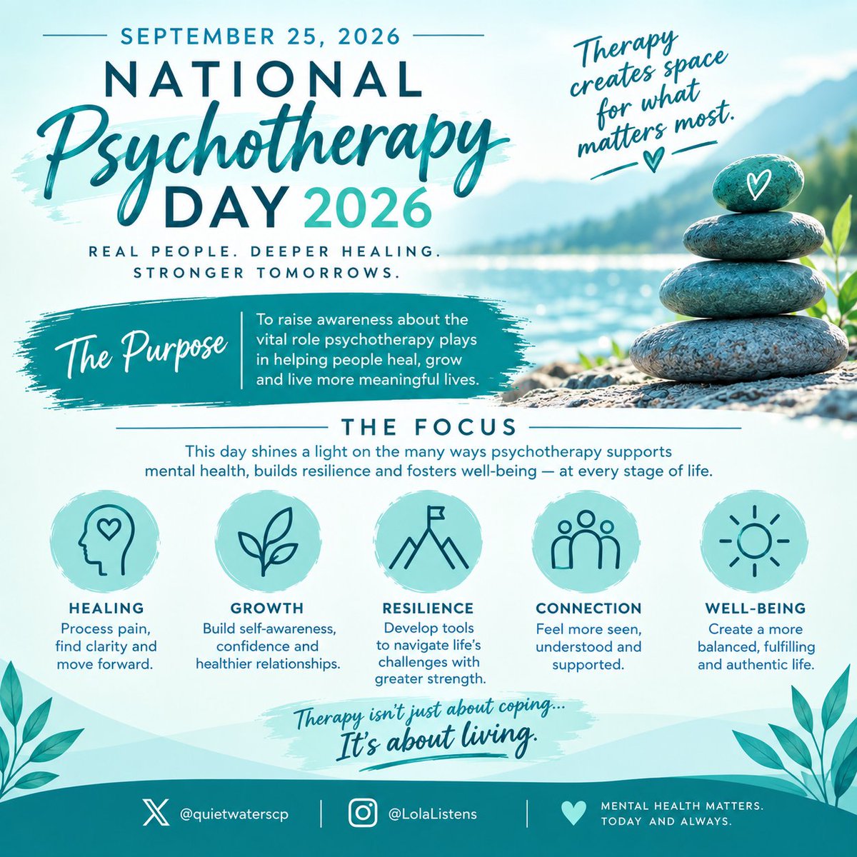 quietwaterscp's tweet photo. Celebrating the profession of psychotherapy. 
Reducing the stigma of mental health issues &amp; mental illness. 
Promoting access to psychological care. 
Helping people develop healthy coping mechanisms and thought patterns. 
Highlighting the importance of therapeutic interventions. https://t.co/24F0fOybOB
