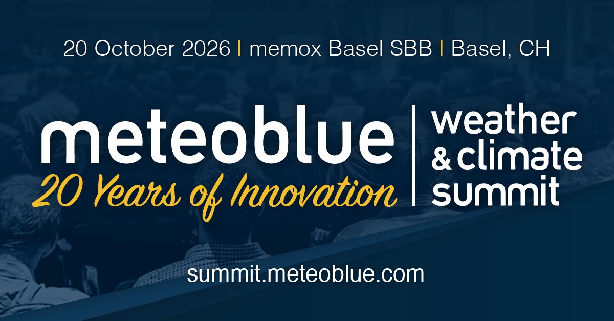 meteoblue's tweet photo. Join us in Basel for the meteoblue Weather & Climate Summit! 🌍 

Celebrate 20 years of meteoblue and explore the future of weather and climate intelligence through keynotes, discussions and practical workshops.

📅 20 October 2026
📍 memox Basel SBB, Peter Merian-Strasse 80, 4052 Basel, Switzerland
🕘 Registration from 09:30 | Programme 10:00-17:40 | Networking reception from 17:40
All times local to Basel.

The programme brings together science, business and real-world applications:

10:20-10:50 – Opening keynote: The Future of Weather & Climate Intelligence, with Mark D. Miller (AEM).
11:30-12:20 – Panel discussion: Weather & Climate as Business-Critical Infrastructure, with Philippe Giraudet, Jessica Vollmer (Hanisch), Lukas Roessler, Peter Steiner. 
12:30-13:10 – Science session: What Makes Weather & Climate Data “Decision-Grade”? with Dr. Moritz Burger, Frank Sehnke, Joachim Saalmüller. 
14:10-15:00 – Applied Solutions Session, exploring weather and climate services in practice, with Prof. Dr. Lutz Heuser, Karsten Schwanke, Court Smith. 
16:50-17:20 – Closing keynote on opportunities and risks in weather and climate markets, with Prof. Dr. Andreas Christen (University of Freiburg).

From 15:00-16:00, choose from four parallel workshops:

Communicating extreme weather effectively – Court Smith, Kpler.
Turning climate risk data into business decisions – Markus Goetz, Sustainable AG Unternehmensberatung.
Planning, installing and operating urban climate monitoring systems – Dr. Jens Lamping, Orbisens®.
Digital farm weather: requirements and the outlook to 2030 – Benedikt Pircher, METOS by Pessl Instruments.

Workshop results will be shared at 16:30-16:50. Coffee breaks, lunch and the evening reception offer time to exchange ideas and connect with speakers, partners and fellow participants.

👉 Register online for the meteoblue Weather & Climate Summit and join our sessions and workshops. Explore the full programme and sign up here: https://t.co/nM5t3mDRJ4

Follow meteoblue for updates! In the coming days, we’ll introduce all our speakers and share what to expect from each session and workshop.

#meteoblue #WeatherIntelligence #ClimateRisk #WeatherInnovations