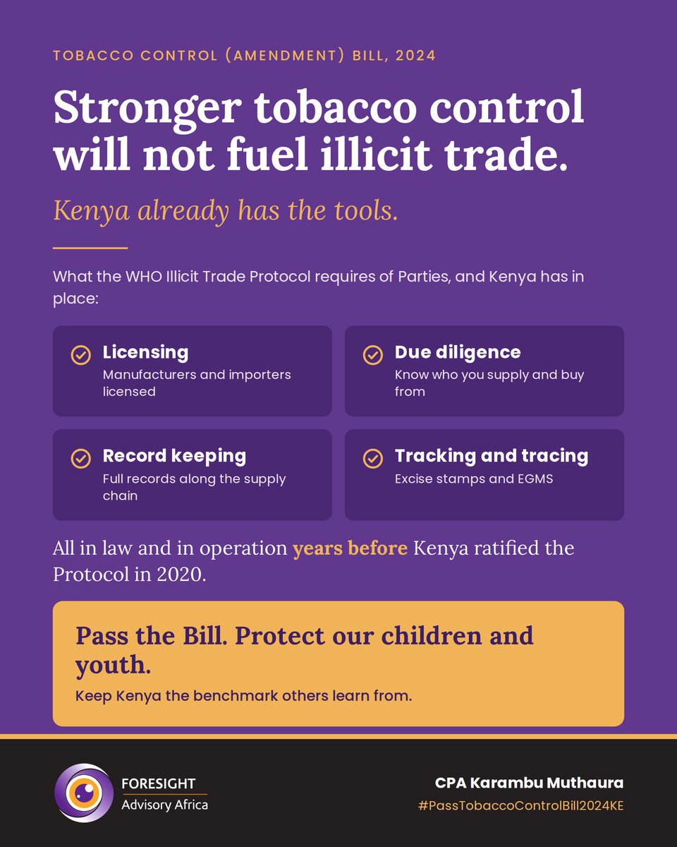 ForesightAA's tweet photo. Stronger tobacco control won't fuel illicit trade. Kenya had the strong administrative systems required by the WHO Illicit Trade Protocol years before ratifying it. Parliament, pass the Bill.

My op-ed in @thestarkenya: https://t.co/1R8PEZxROO

#PassTobaccoControlBill2024KE https://t.co/VXZ85xKrkB
