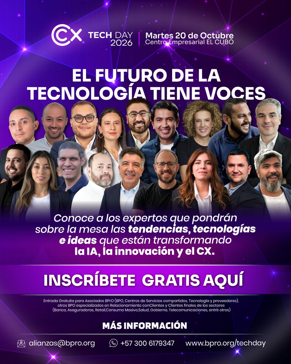 BPrO_org's tweet photo. El futuro de la tecnología tiene voces…¡y las reunimos todas en un solo lugar!

Un día lleno de disrupción donde los mayores expertos del sector nos contarán hacia dónde va la IA, la innovación y el Customer Experience.

 ¿Cuándo? Martes, 20 de Octubre de 2026
¿Dónde? Centro Empresarial EL CUBO

Si eres apasionado por la tecnología, el relacionamiento con clientes o haces parte de los sectores estratégicos (Retail, Banca, Salud, Tech, etc.)… ¡Estás invitado y tu entrada es GRATIS! 

¡Regístrate aquí! 

https://t.co/MHgFraA6Kw

@anakarinaqa