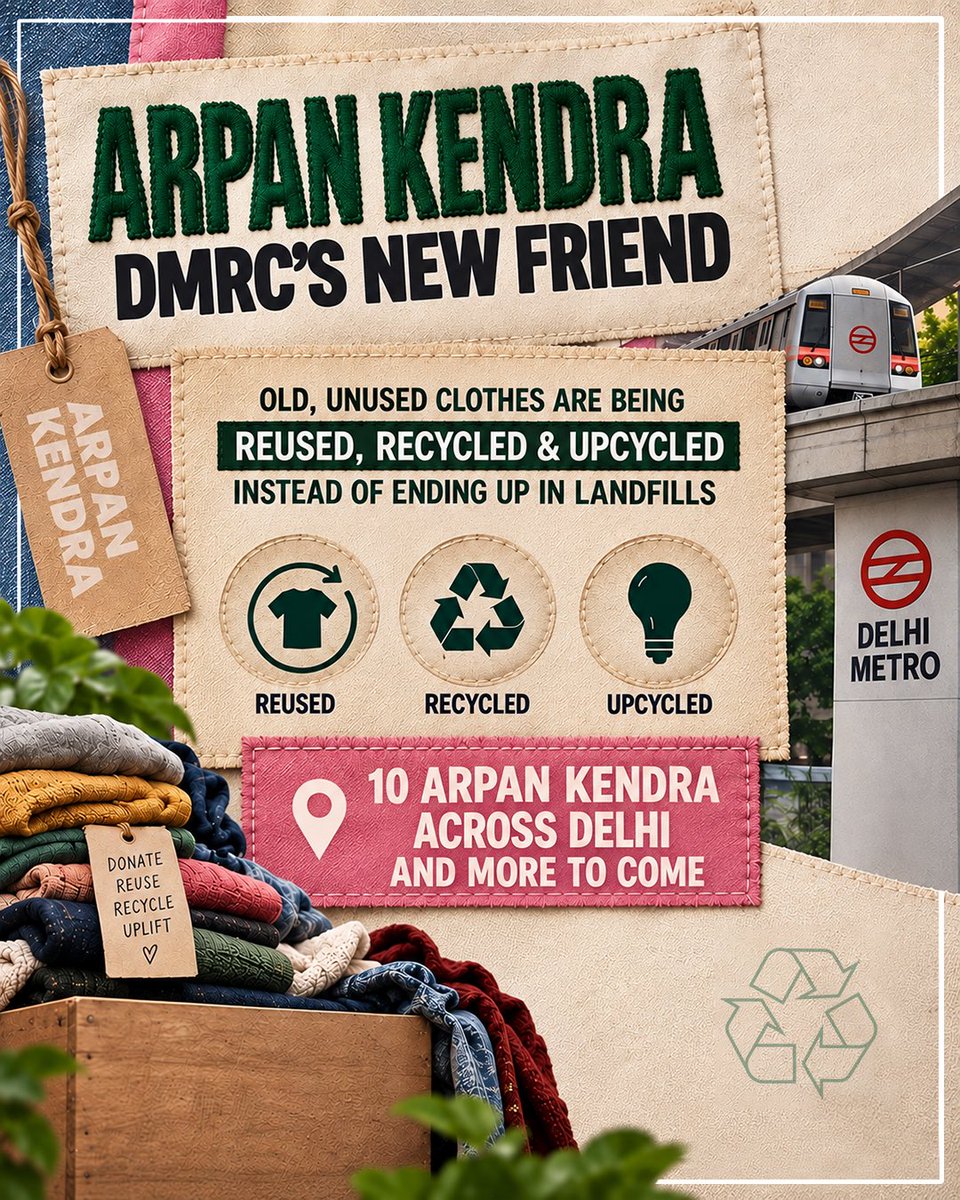 gupta_rekha's tweet photo. Drop your unused clothes at an ‘Arpan’ Kendra and give them a second life through reuse, recycling and upcycling.

With 10 centres already at Delhi Metro stations, the initiative is reducing textile waste while creating sustainable livelihood opportunities for women.

#SevaSankalpAbhiyan
#सेवा_की_कहानी