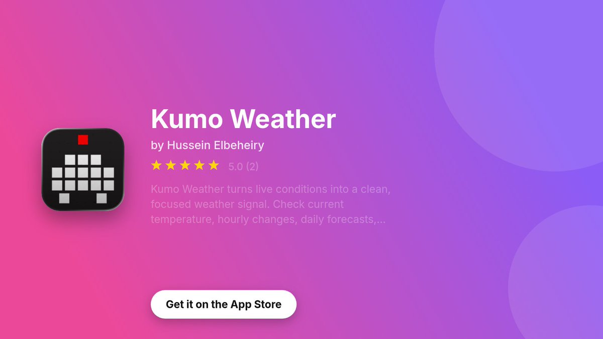 HusseinElbehary's tweet photo. Feature banners for update posts and launch threads.

AppCard composes them from your App Store listing: icon, screenshots, ratings. Not screenshot design from scratch.

From my Kumo Weather listing.

First 10 signups get a free month: https://t.co/5H7yWUAZgu https://t.co/10Gw55bLym