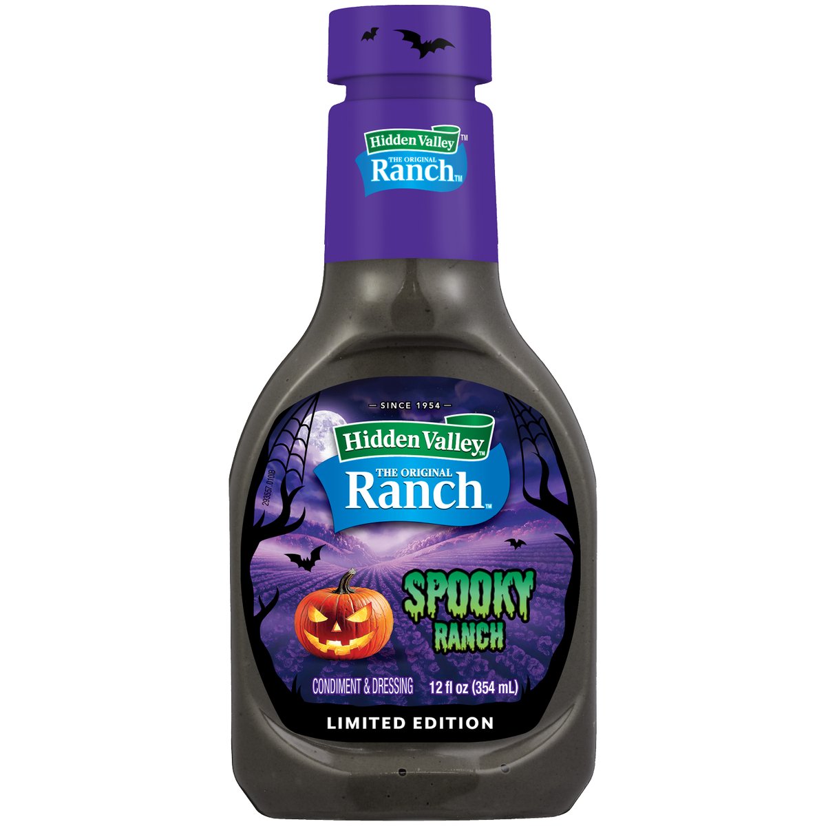 BDisgusting's tweet photo. Available now exclusively at Walmart, Hidden Valley has launched their pitch black SPOOKY RANCH dressing.

The bottle glows-in-the-dark, with the bold black color coming from a mix of Fruit Juice and Cocoa.

Hidden Valley's first ever limited holiday release. https://t.co/HpdlN9f2Dk