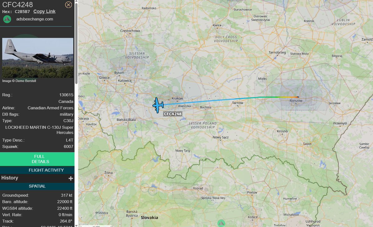 PolishMilRadar's tweet photo. 📅 25.09 🕑 15:25LT - 🇨🇦✈️ Kolejny kanadyjski Hercules odleciał z Rzeszowa
🇨🇦 Królewskie Kanadyjskie Siły Powietrzne #RCAF
✈️ #CFC4248 Lockheed Martin CC-130J Super Hercules | Reg: 130615
🛫 Rzeszów-Jasionka #EPRZ 🇵🇱
🛬 Baza Lotnicza Wiesbaden #ETOU 🇩🇪
🔗 https://t.co/aEHA2QGeT6
#POLMILRADAR