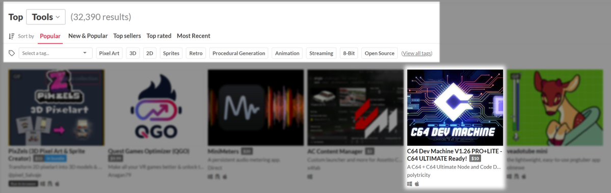 RoRamsay's tweet photo. I gotta say, the support has been amazing!
Top row of most popular tools on itch (no filter for c64!)
#c64 #c64ultimate #programming #coding #retrogamedev THANK    Y O U ! https://t.co/HpqZSJFH4e