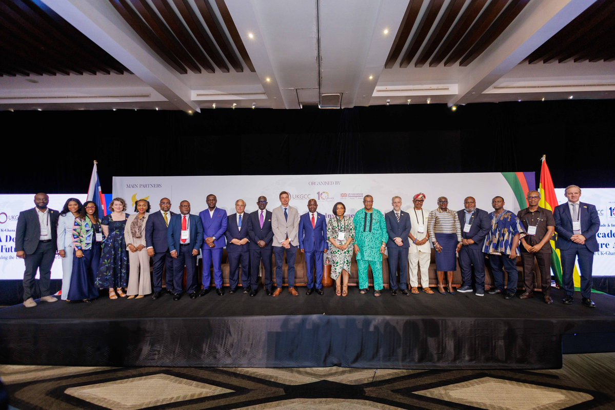 UKinGhana's tweet photo. Building stronger partnerships for growth. 

This week, the UK-Ghana Business Summit brought together government leaders, investors and businesses to explore new opportunities for trade and investment between our two countries. 

The Summit also marked the 10th anniversary of the UK Ghana Chamber of Commerce, celebrating a decade of connecting businesses and strengthening commercial ties. 

We were pleased to welcome Alastair Long, HM Trade Commissioner for Africa, on his first visit to Ghana, where he engaged with partners and businesses on how we can deepen collaboration under the UK-Ghana Growth Partnership and unlock sustainable economic growth for both countries.