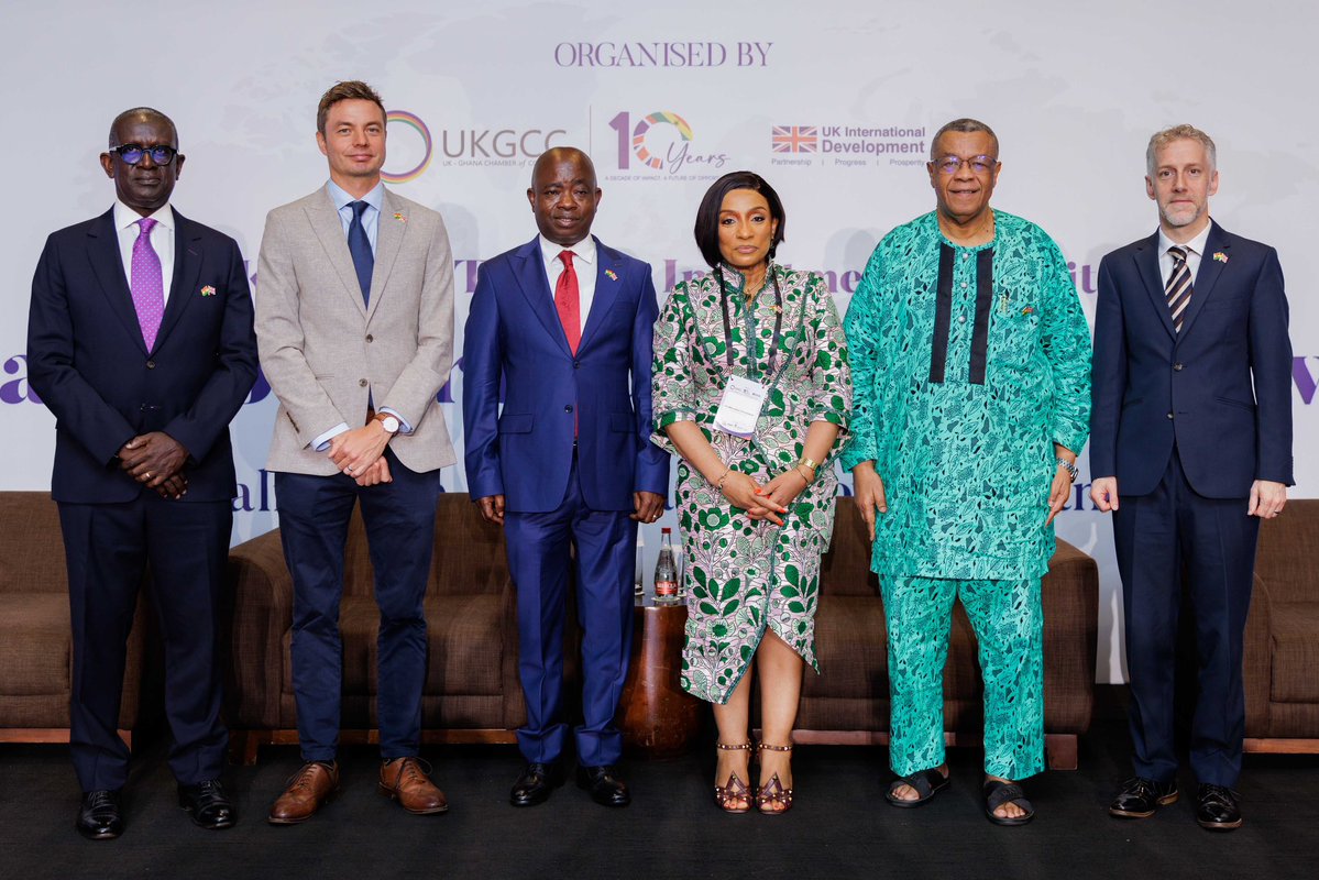 UKinGhana's tweet photo. Building stronger partnerships for growth. 

This week, the UK-Ghana Business Summit brought together government leaders, investors and businesses to explore new opportunities for trade and investment between our two countries. 

The Summit also marked the 10th anniversary of the UK Ghana Chamber of Commerce, celebrating a decade of connecting businesses and strengthening commercial ties. 

We were pleased to welcome Alastair Long, HM Trade Commissioner for Africa, on his first visit to Ghana, where he engaged with partners and businesses on how we can deepen collaboration under the UK-Ghana Growth Partnership and unlock sustainable economic growth for both countries.