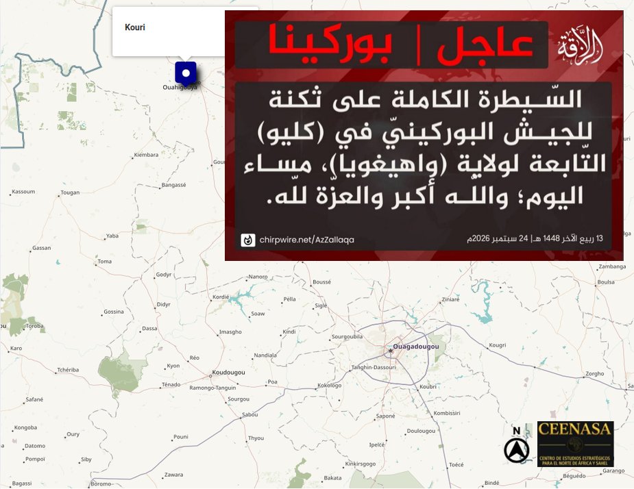 CEENASA396971's tweet photo. 🇧🇫 #Info #BURKINAFASO #Urgent 🇧🇫
On 24 September, #JNIM claimed complete control of a Burkinabe army barracks in the village of #Kouri, in #Ouahigouya province. https://t.co/RzxrWNmyMA