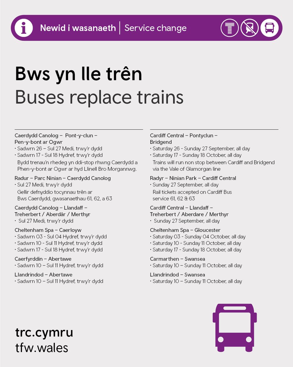 tfwrail's tweet photo. 🛠️Gwaith peirianyddol sydd ar ddod | Upcoming engineering works

⚠️Gwiriwch cyn teithio | Check before you travel:
🔗https://t.co/LRfs1sTDD4
🔗https://t.co/spR2WPqEIZ
🗺️https://t.co/1wYcdsaLLb
🗺️https://t.co/uJ6paUj9Hq https://t.co/OVJ5zeFFso