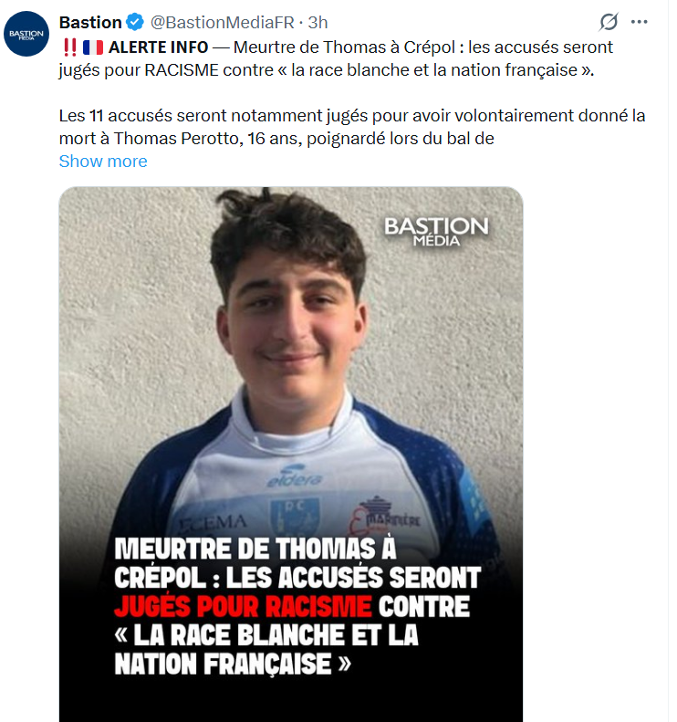 LauraR1469633's tweet photo. @MathildePanot @LachaudB Après la mort de Thomas, vous avez osé dire que ça n'était pas du racisme anti-Blancs, vous allez vous excuser? S'il vous reste 1 peu de dignité. https://t.co/1NSvBzVu0e