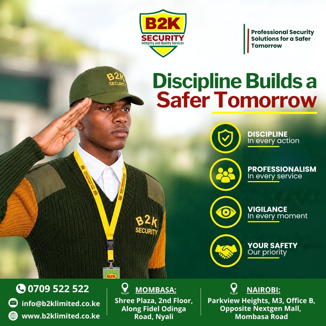 B2KSECURITY's tweet photo. A safer tomorrow starts with discipline today. 🛡️
Discipline in every action.
Professionalism in every service.
Vigilance in every moment.
At B2K Security, your safety is our priority.
📞 0709 522 522
#B2KSecurity #SecurityMatters #ProfessionalSecurity #SaferTomorrow #Kenya https://t.co/0l12SXNHQT