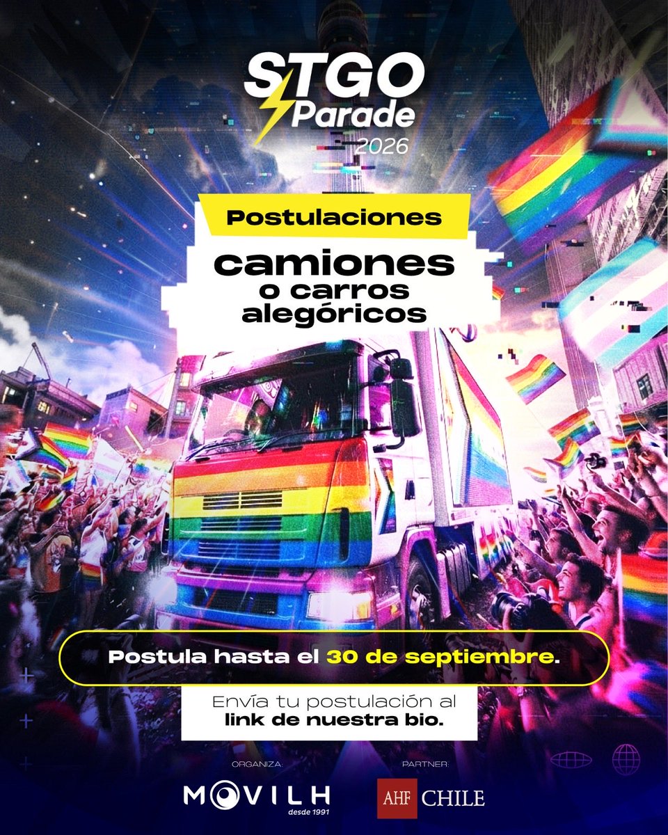 Movilh's tweet photo. 🏳️‍🌈🔥 ¡ÚLTIMO LLAMADO PARA CAMIONES O CARROS ALEGÓRICOS! ✊
Santiago Parade, la Marcha por la Igualdad LGBTIQ+, repletará la Alameda.

Si tu grupo o productora quiere participar con un camión, DJs y artistas propios, postula  aquí:  https://t.co/j7GNzeSDWR https://t.co/cYde7pQbRQ