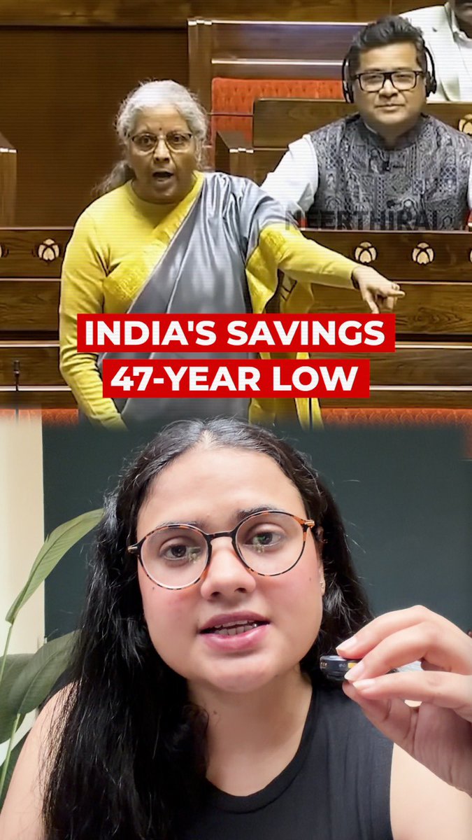 The image shows a split-screen with a woman in glasses speaking in the bottom half, while the top half depicts what appears to be an Indian parliamentary session with Nirmala Sitharaman, overlaid with the bold red text "INDIA'S SAVINGS 47-YEAR LOW." The visual connects the commentator's discussion to the alarming economic news about India's household savings reaching their lowest level in nearly five decades.