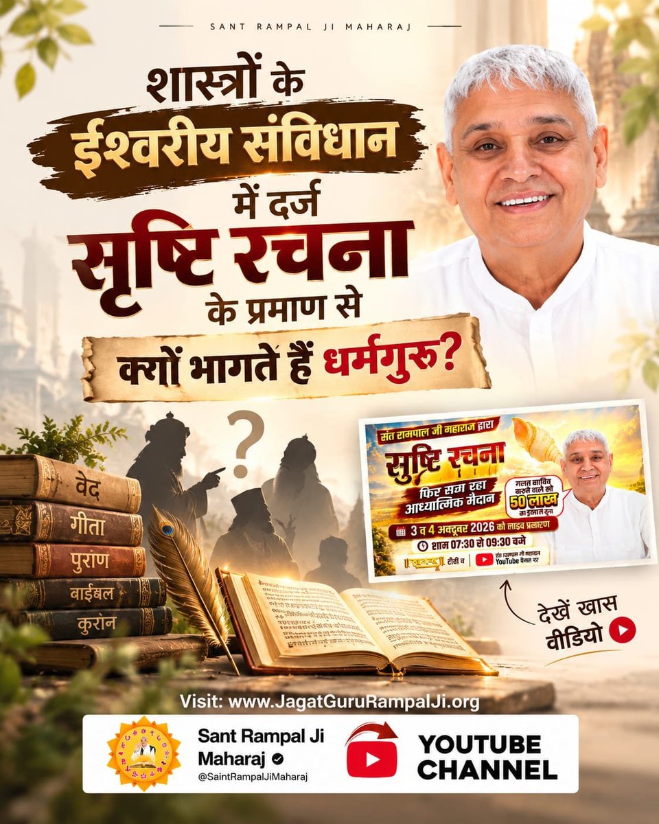 ramnarayanztfw's tweet photo. #OpenChallengeBy_SantRampalJi
शास्त्रों के ईश्वरीय संविधान में दर्ज सृष्टि रचना के प्रमाण से क्यों ��ागते हैं धर्मगुरु?
देखें खास वीडियो "शास्त्रार्थ का शंखनाद" Sant Rampal Ji Maharaj YouTube Channel पर।
शास्त्रार्थ का शंखनाद https://t.co/haJAd4cAmQ
