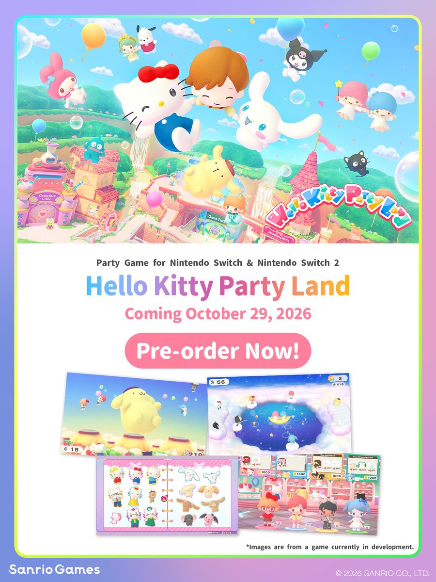 SanrioGames_GL's tweet photo. #SanrioGames NEWS 01 ✨️

🎀 Hello Kitty Party Land
Coming Oct 29!
Nintendo Switch &amp; Switch 2
Get Pre-order Bonus Now 🎉

🎀 Sanrio Kawaii Me Live!
Global Jan 2027
iOS / Android
Pre-register Now 🪩

🎀 Fragaria Memories: Color of Wishes
Global Fall 2027
Game Artwork Revealed 🍓 https://t.co/1W9L5VtjVT