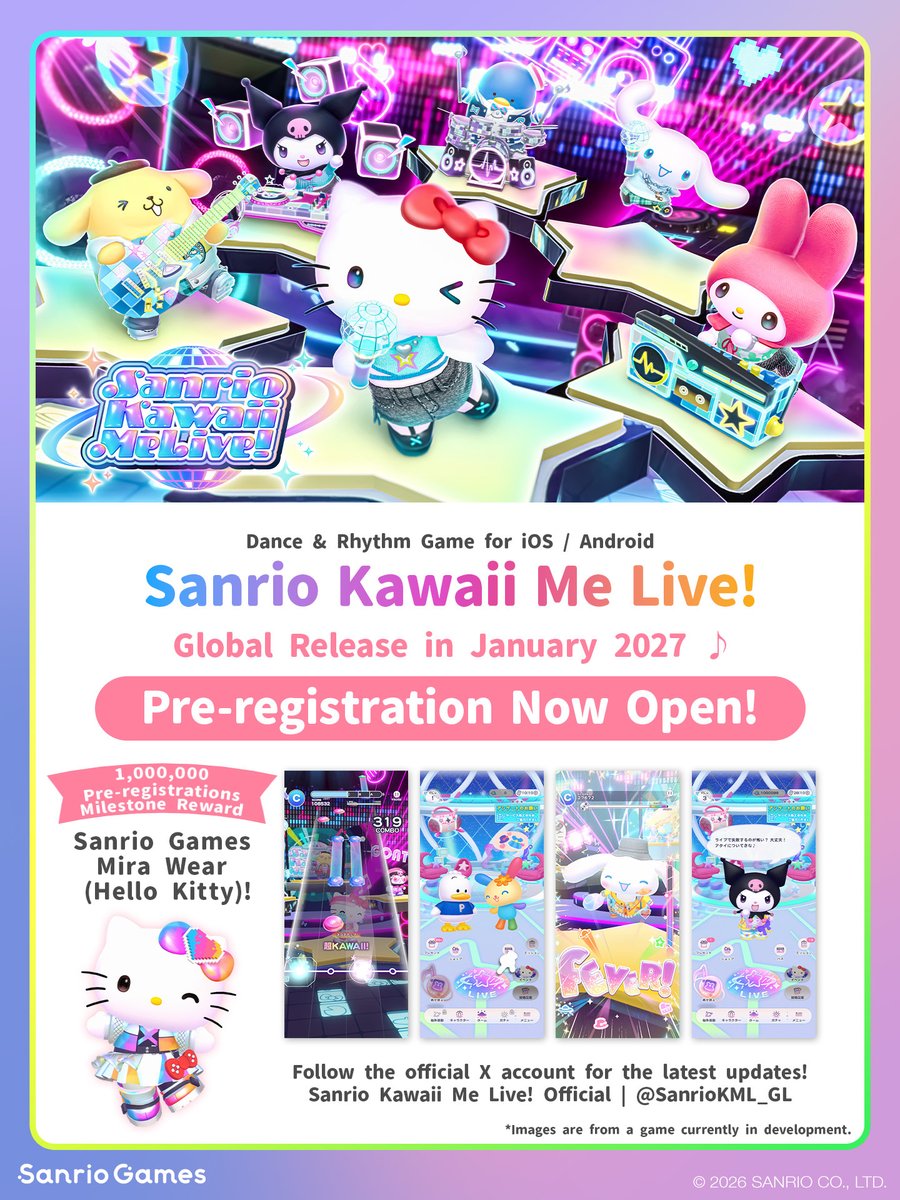 SanrioGames_GL's tweet photo. #SanrioGames NEWS 01 ✨️

🎀 Hello Kitty Party Land
Coming Oct 29!
Nintendo Switch &amp; Switch 2
Get Pre-order Bonus Now 🎉

🎀 Sanrio Kawaii Me Live!
Global Jan 2027
iOS / Android
Pre-register Now 🪩

🎀 Fragaria Memories: Color of Wishes
Global Fall 2027
Game Artwork Revealed 🍓 https://t.co/1W9L5VtjVT