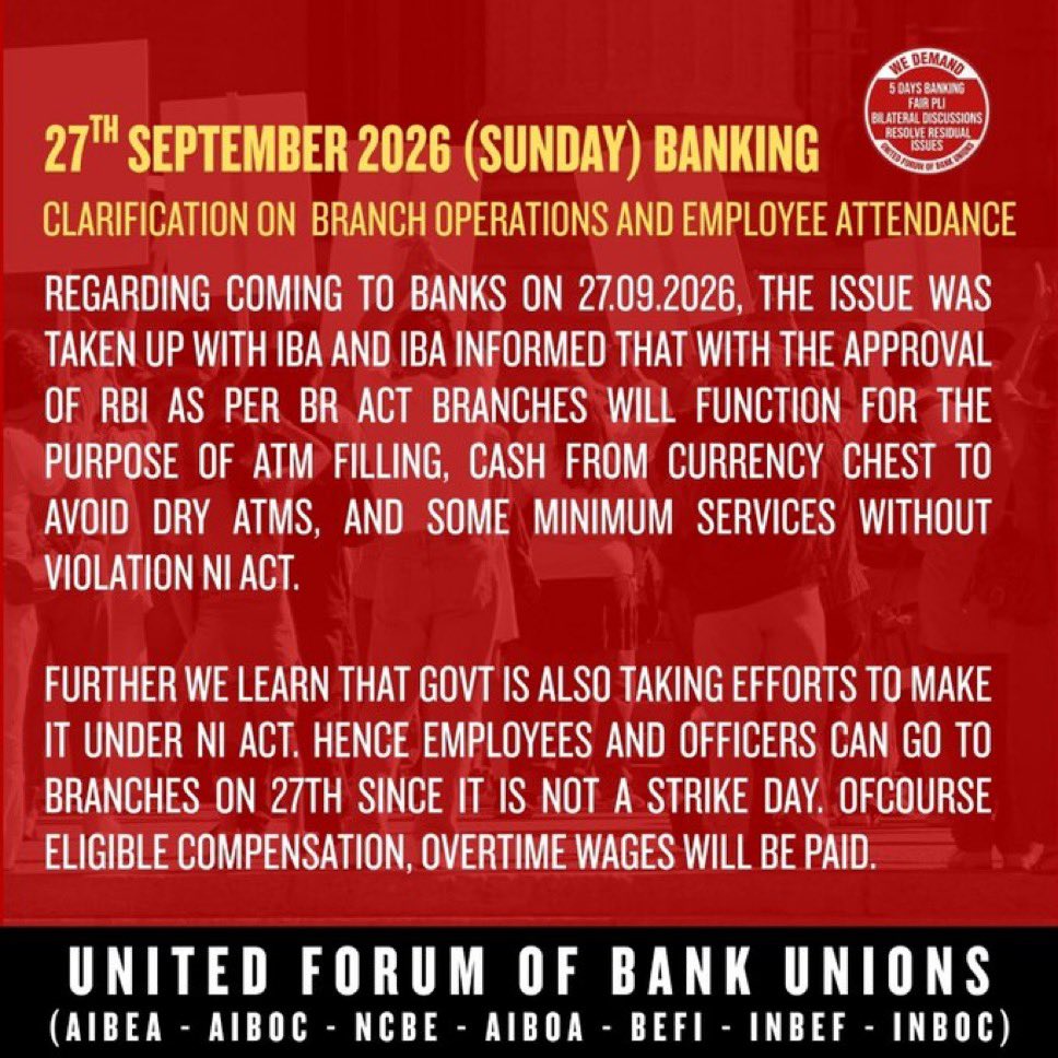 5dayswalaBanker's tweet photo. UFBU Update on Sunday Working
#5daybankingnow https://t.co/vXnw9QQaAY