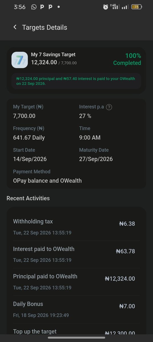 willzdrift's tweet photo. I opted into an Owealth savings plan called 7 Saving festival with a scheduled savings threshold of ₦7,700. I made a transfer then I decided to make another transfer to the same account of ₦12300 so it can be ₦20k in total. Now they're saying is only ₦12300 I made @OPay_NG https://t.co/Q7vrZBv8PF