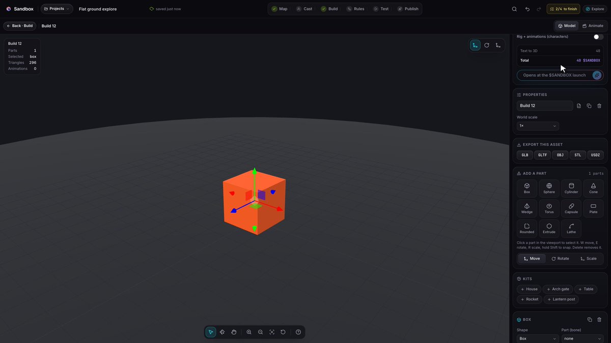 BuildSandbox's tweet photo. Prefer real geometry? Build with shapes.

Box, sphere, cylinder, cone, torus, capsule, wedge, lathe, extrude. Materials: gold, glass, neon, wood, stone, metal. Boolean cuts.

Or start from a kit: house, arch, rocket, lantern. https://t.co/UcYabQs6JF