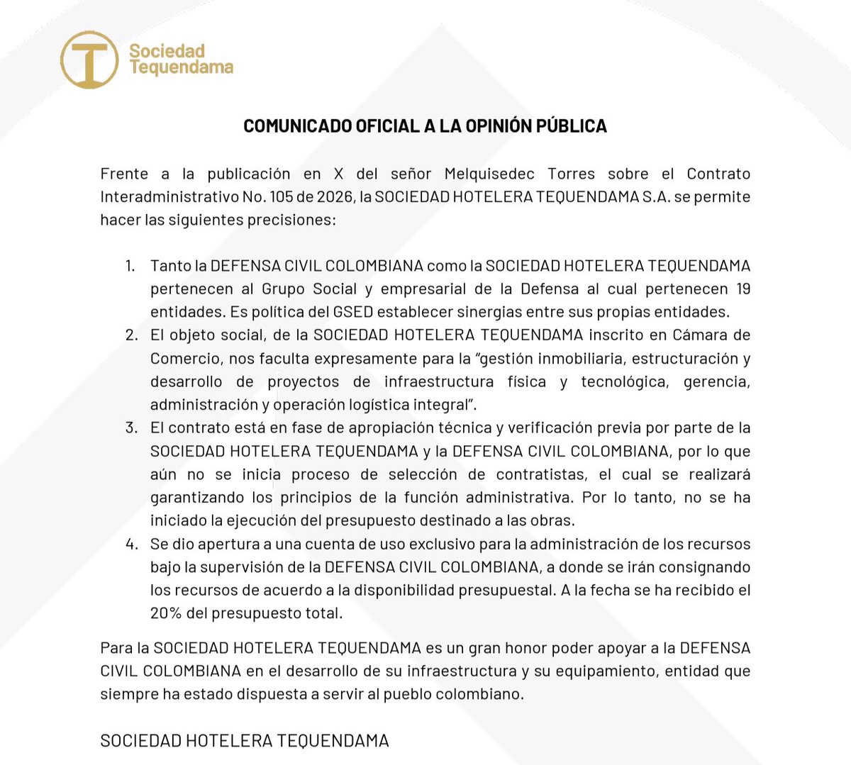 ANAMILEMEJIA's tweet photo. https://t.co/DR21TWVass 

Respetado periodista @Melquisedec70 acá le dejó el comunicado de SHT, y nuevamente le recuerdo que los giros del contrato, es decir ese 20% que refiere el comunicado se hicieron bajo la nueva dirección. NO REALICE UN SOLO PAGO del mismo. En su condición de periodista debe tener más cuidado con lo que publica desde el desconocimiento ya que afecta la honra y el buen nombre de las personas y las instituciones.