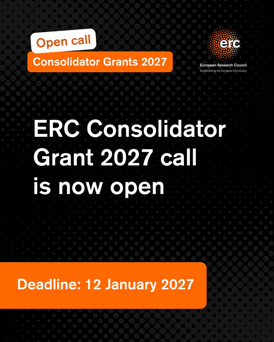 ERC_Research's tweet photo. 📢 2027 ERC Consolidator Grant call for proposals is now open 📢

Have an excellent research idea and ready to build the team to pursue it? 

This funding could be for you! 

Deadline: 12 January 2027

👉 https://t.co/SKga4Pab0n https://t.co/iOuZE7pSKy